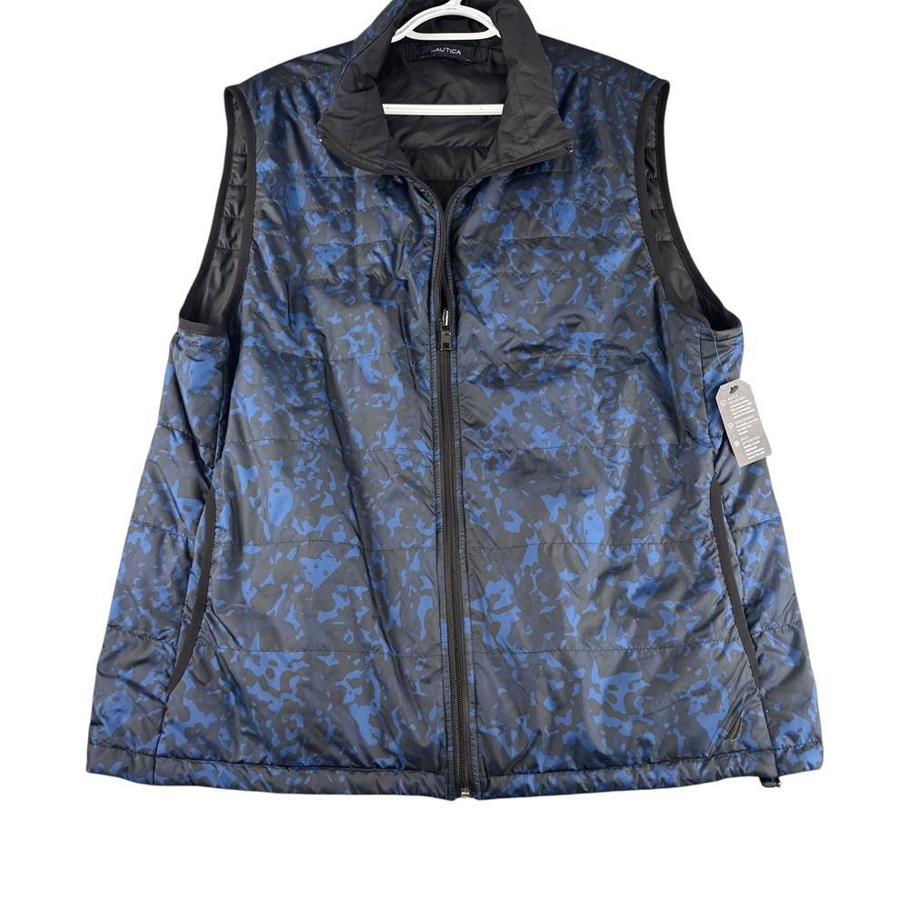 Nautica Reversible Puffer Vest Mens Camo Blue Black Water Resistant Quilted NEW